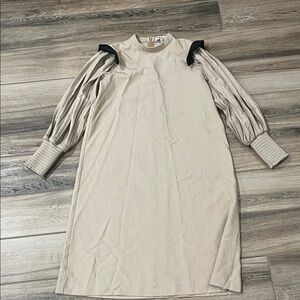 TWELVE Beige Long Pleated Sleeve Dress with Black Ruffle EUC
